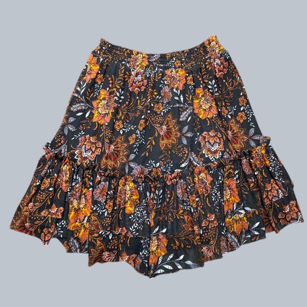 Romantic Boho Chic Floral Ruffle Tiered Mini Skirt by Evereve, Navy Orange Sz Sm